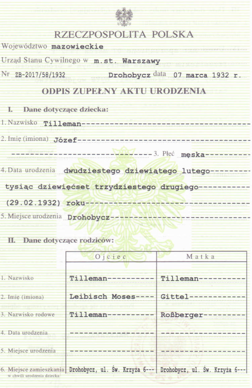 birth certificate leib tilleman sons 1